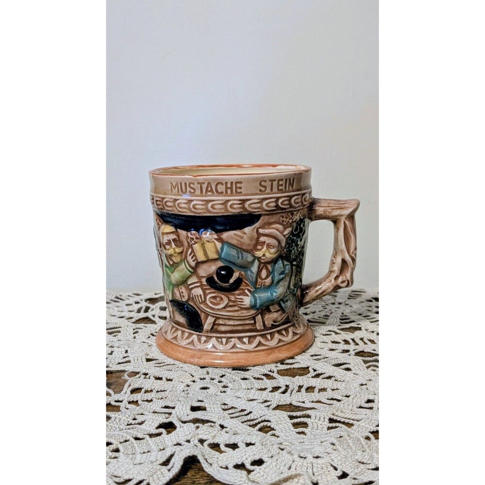 Vintage Lego Japan Ceramic Mustache Stein Beer Mug Tavern Scene Deer Stag Relief